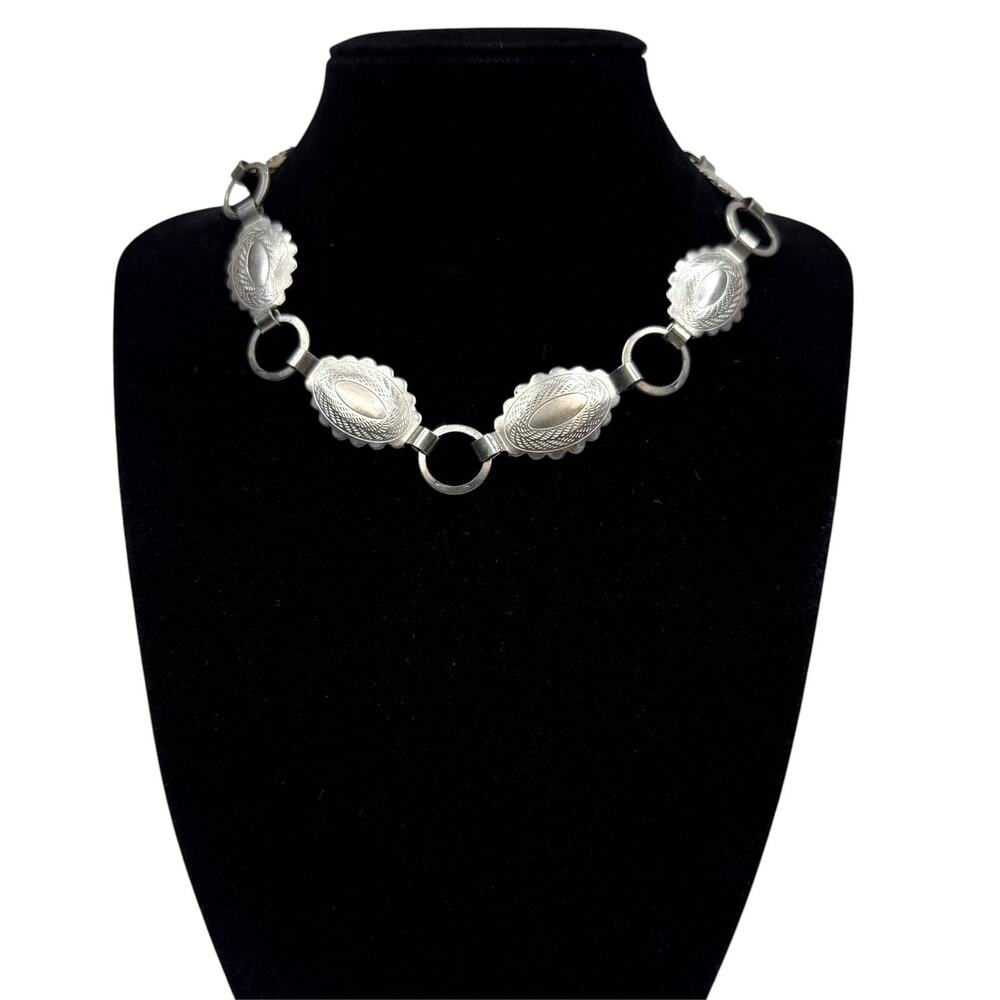 VTG Style Silver Tone Concho Statement Necklace Western Boho Choker Collar 15"